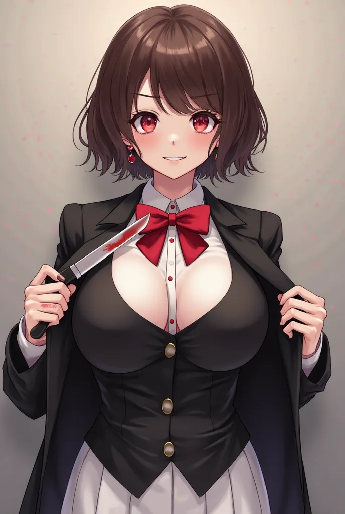 21-year-old girl with short, slightly wavy brown hair. Her bangs partially cover her forehead. Her skin color is light. Her eyes are large and striking, of an intense red color. She has a slim build, great curves, like her huge breasts. She usually wears a...