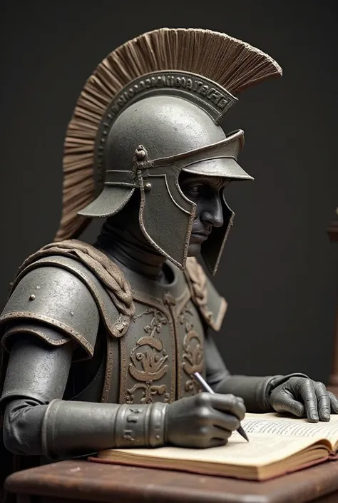 gray dummy wearing a Hellenic helmet and Hellenic armor. The image should be a profile-style portrait, showing only the head facing forward. Additionally, make the dummy appear to be writing some text, as if it were a writer.