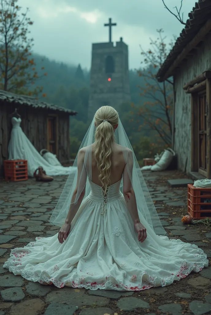 "A haunting and symbolic cover scene in the courtyard of a crude fortress atop a small hill. Reinhardt, a late 20s blonde knight, shrunk by magic into a slim, high school-aged female figure (about 160–170 cm tall, 50–60 kg), kneels in a luxurious white wed...