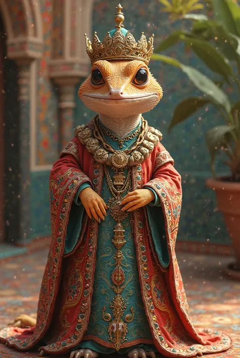 A gecko wearing traditional Moroccan costume, the crown and the letter Z