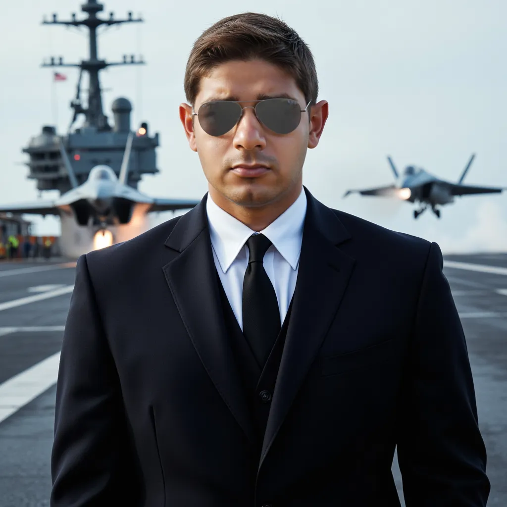 A man looking a viewer looking at camera in standing pose of James bond movie and in background Create an image of  Launching fighter jets from an aircraft carrier deck in a military operation Concept Naval Aviation Flight Deck Operations Aircraft Carrier ...