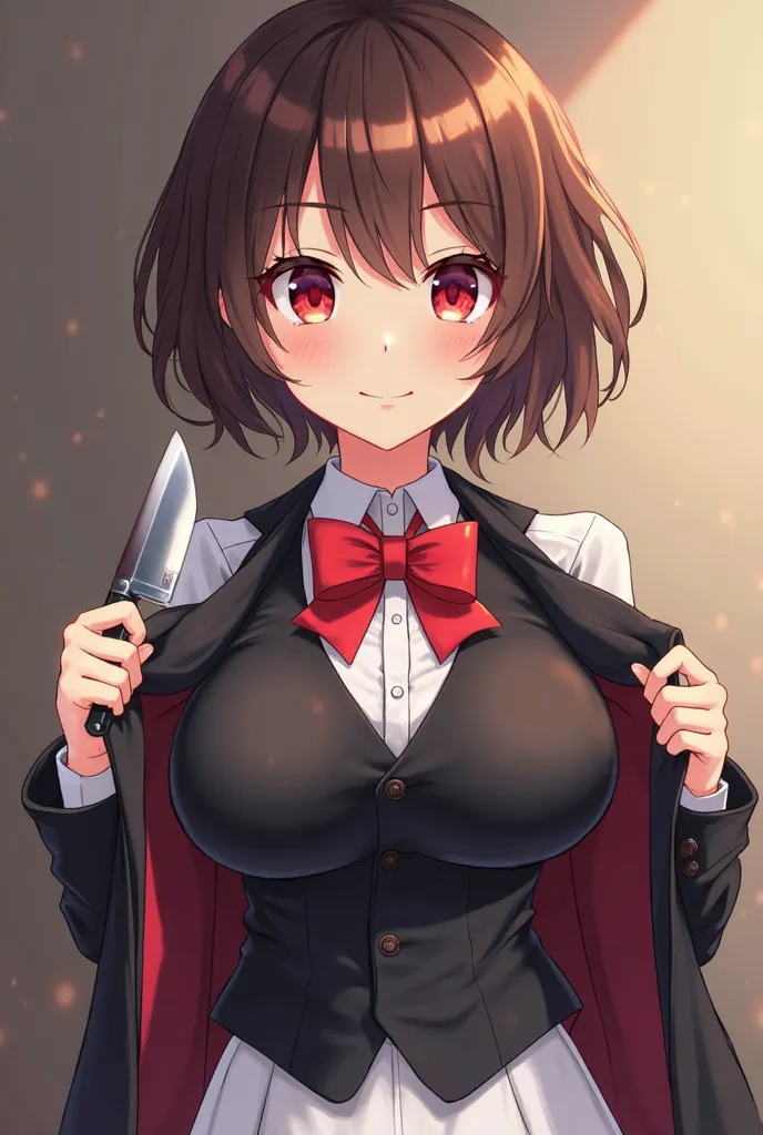 21-year-old anime girl with short, slightly wavy brown hair. Her bangs partially cover her forehead. Her skin color is light. Her eyes are large and striking, of an intense red color. She has a slim build, great curves, like her huge breasts. She usually w...