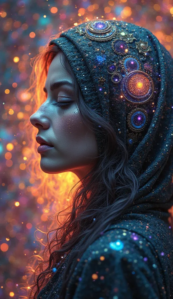 absurdres, highres, ultra detailed, HDR, master 
, best quality, fantasy color galaxy, psychedelic style, iridescent, veil between dimensions, 1 female , zoom out portrait,high contrast,seer, oracle, tarot cards, 