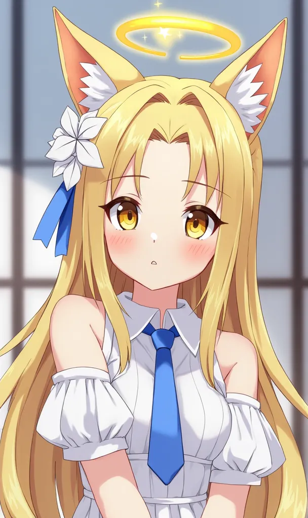 1girl, (blue archive:1.1), 
seia, 
animal ears, solo, blonde hair, halo, long hair, looking at viewer, fox ears, animal ear fluff, dress, necktie, white dress, forehead, closed mouth, hair ornament, yellow halo, upper body, hair flower, yellow eyes, blue n...