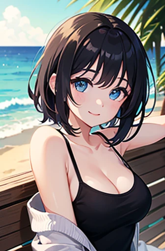 1 girl、cute、smile、 blue eyes、 black hair、(shortcuts)、( white camisole that floats above the sea)、black dolphin shorts to play at the beach、beautiful breasts、Armpit、Morning seaside、sit、((( front view)))、front、watching viewers、(upper body close-up)、digital a...