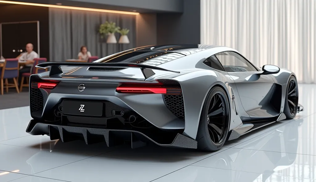 create an ultra-detailed 3D render close back view, of a modern 2025 Nissan Z with a bold designy looking long like limousine captured from close back view. The car should feature a 'Gleamy oily metallic grey' color and black accents with a 'Nissan logo on...