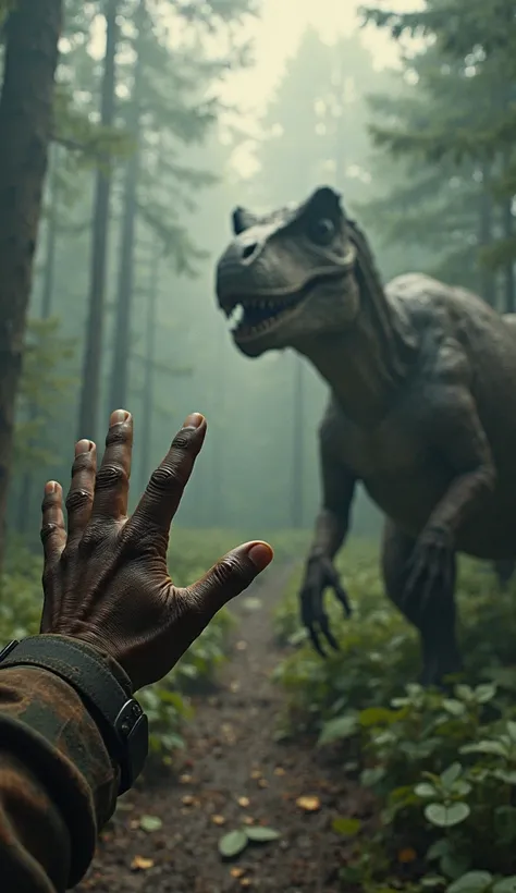 "An ultra-realistic point-of-view image (throw), capturing the first-person perspective of someone afraid in the age of dinosaurs. The character's hands and body parts are visible, creating the feeling of immersion, as if the spectator were actually there....