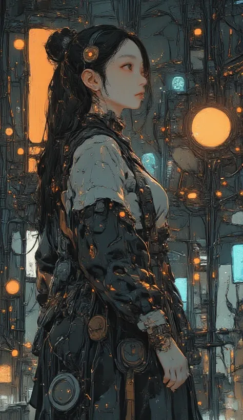 ワイヤーがたくさんある機械の前に立っているアラブ人の女性, Biopunk futuristic costume ,  Cyberpunk Style Outfits,  cyberpunk costume , Cyberpunk 20. Model Girl, portrait of a mechanical girl,  ghost in the shell style,  cyberpunk fashion outfit , wearing Cyberpunk Streetwear,   stylis...