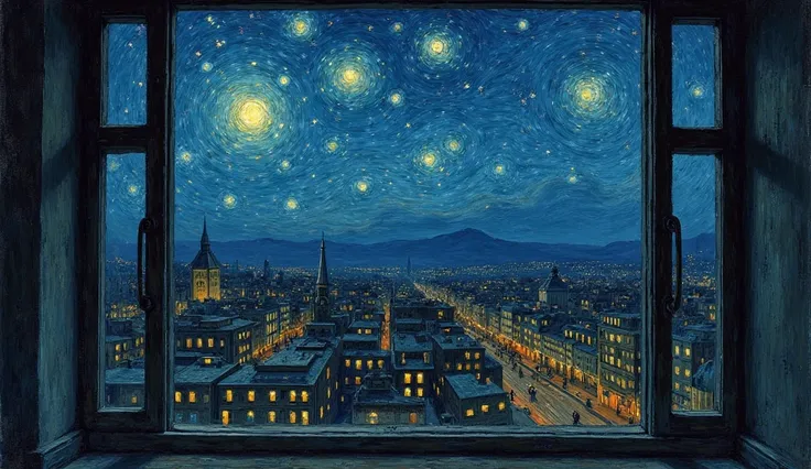 19. in the century , View of the city and sky from the window of a mental hospital, nighttime, view of the town and sky seen from the window of a mental hospital, in the style of Vincent Van Gogh, in the post-impressionist style, in France (Let the sky cov...