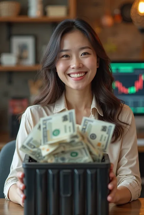 High definition, a large money making machine with a lot of banknotes thrown out. The background has a computer with MT4 program, there is a red green graph. The background is a beautiful Japanese woman smiling with white teeth, happy to see a lot of them.