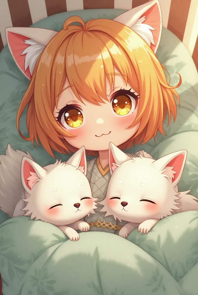 Baby girl human anime, golden eyes, orange short hair,the tips of the white hair, Ropita by Kinomo light green,small,With a sleeping white fox,In his crib,That he doesn't have fox ears 