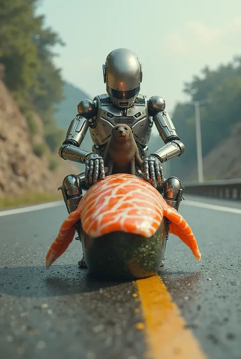 There's a seal on my face、Electronic human man riding sushi and driving down the road