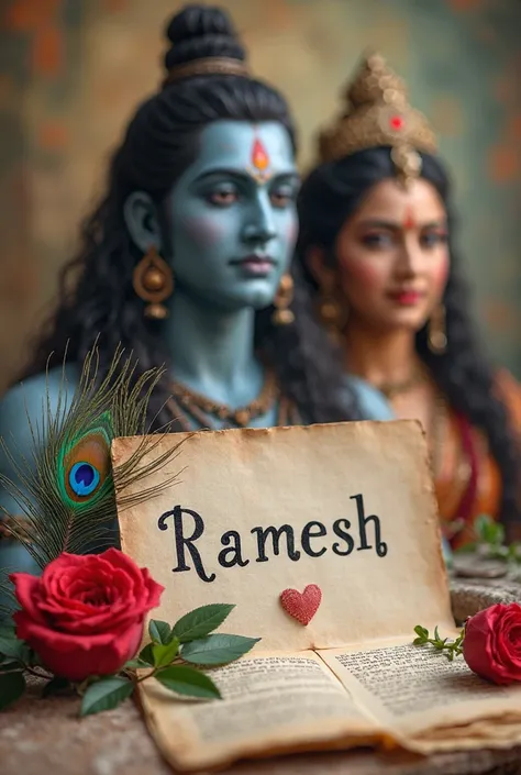  There should be only one photo with Mahadev and Parvati in the background and my name should be written in front. My letter should have a rose flower and a peacock feather on it along with my name Ramesh.