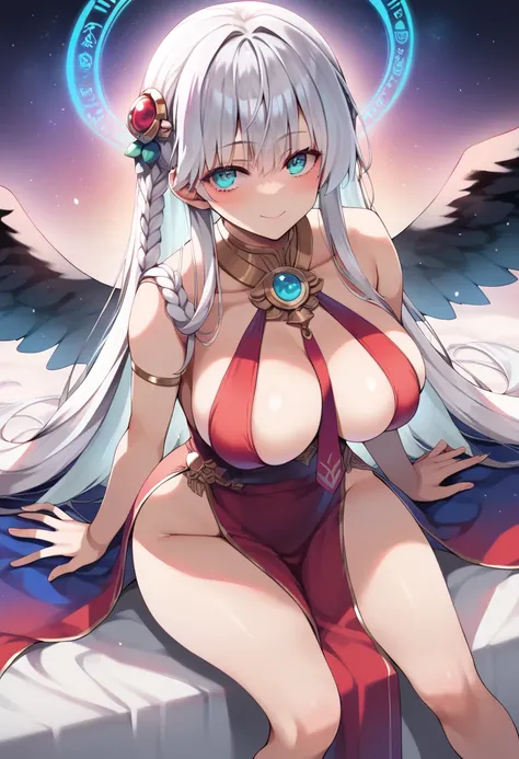  points  _9,  points  _8_go up ,  points  _7_go up , source _anime,1 girl, bangs, white hair, blush  , breasts,greek goddess,Cosmic Goddess, Turquoise eyes , aura,The evening dress,red ribbon, Red Ribbon Tie Hair,gorgeous hair ornaments ,Splendid jewelry,b...