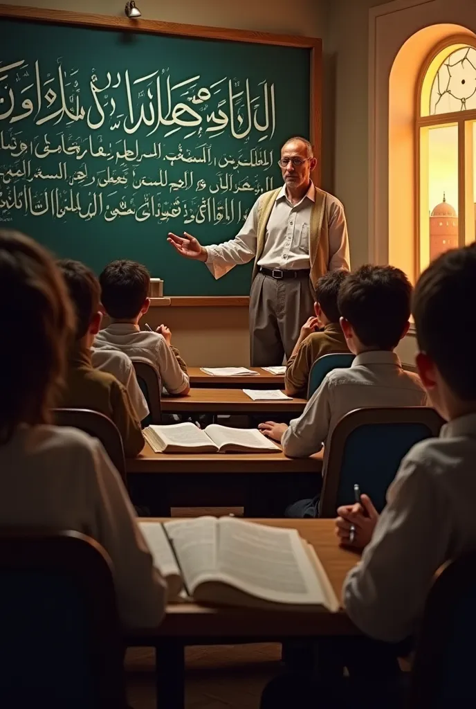 Easy and Effective Book Cover: Curriculum and Methods of Teaching Arabic and Islamic Religious Education.  pictured a teacher teaching students inside a classroom with a blackboard containing Arabic letters. In the background, there is Arabic calligraphy a...