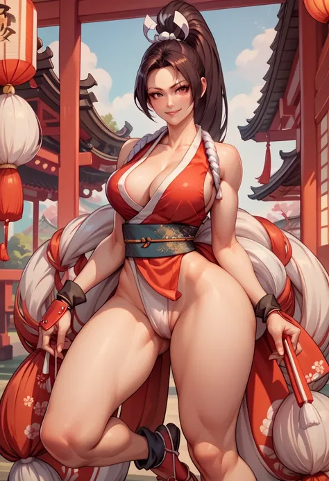 mai shiranui,  29-year-old woman , big breasts, fit body, thick legs, Shinobi's long ponytail, Shinobi costume , fundoshi, tabi, 