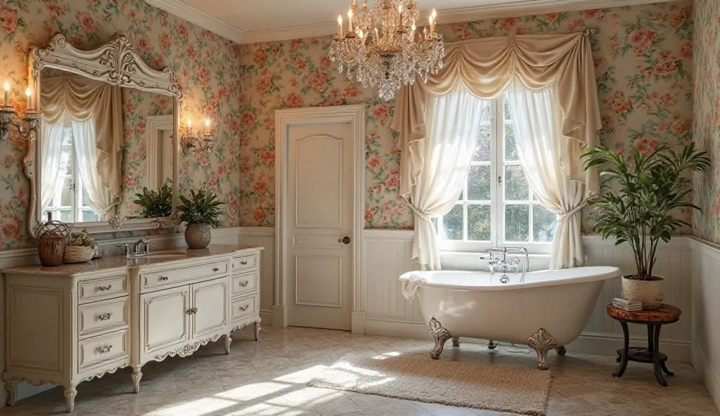 A lavishly decorated bathroom featuring floral wallpaper, an ornate chandelier, and an elegant clawfoot bathtub. The space includes a vintage style vanity with a large mirror and decorative accents, creating a luxurious and inviting atmosphere.