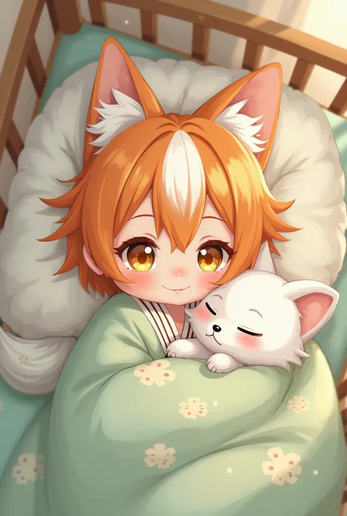 Baby girl human anime, golden eyes, orange short hair,the tips of the white hair, Ropita by Kinomo light green,small,With a sleeping white fox,In his crib,That he doesn't have fox ears 