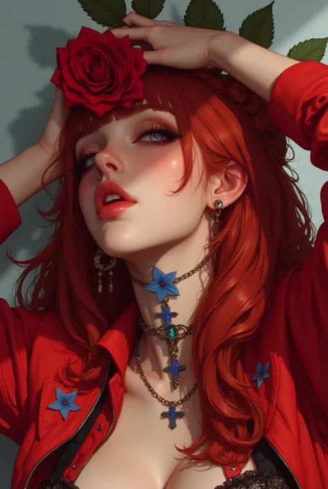 a beautiful woman in a red jacket holding a rose over her head, 1girl, solo, flower, hood, blue flower, rose, hair over one eye, looking at viewer,3d, cute face, partially illuminated, GLSHS ,red hair, blue eyes ,
