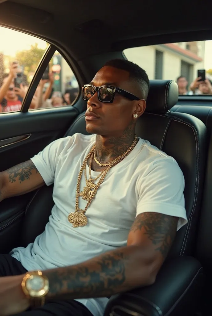  A stylish man, inspired by rapper Filipe Ret, he is sitting in the backseat of a luxury black car, wearing a wide white t-shirt, gold chains around his neck and dark glasses. His hair is cut low and he has visible tattoos on the neck and arms. Sunlight co...