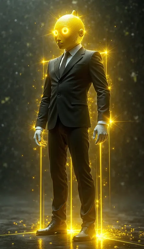 A Humanoid Limon is wearing a black suit and white gloves, his eyes emitting laser beams and his body reflecting bright light beams