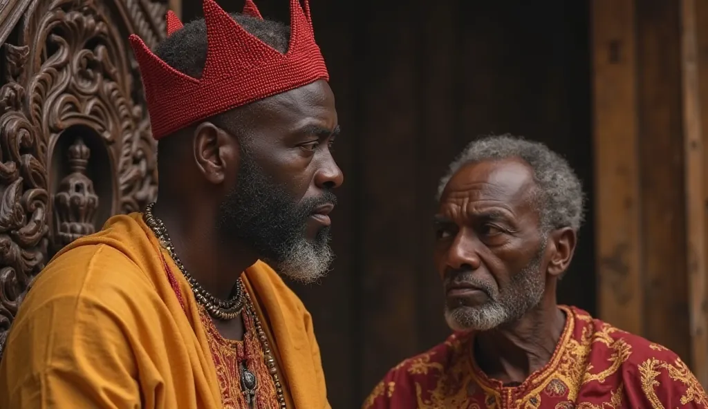 The Chief’s Suspicious Look – Chief Adebayo glancing at Baba Kunle with doubt.
A powerful African village chief, wearing a red beaded crown and a flowing royal robe, seated on a carved wooden throne.
Baba Kunle is a wise, elderly African man with deep brow...