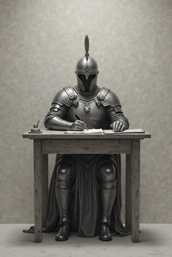 gray dummy wearing a Hellenic helmet and Hellenic armor. writing some text, as if it were a writer.