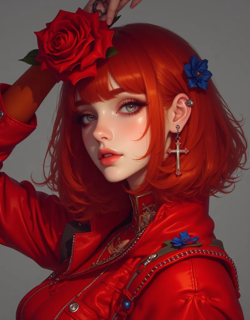 a beautiful woman in a red jacket holding a rose over her head, 1girl, solo, flower, hood, blue flower, rose, hair over one eye, looking at viewer,3d, cute face, partially illuminated, GLSHS ,red hair, blue eyes , 