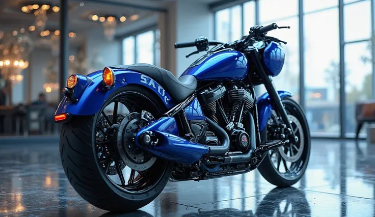 A STUNNING 2025 Harley Davidson  XR750 Bike SIZE Bike back side VIEW blue COLOR most luxury black IN LUXURY largest shine windows view SHOWROOM