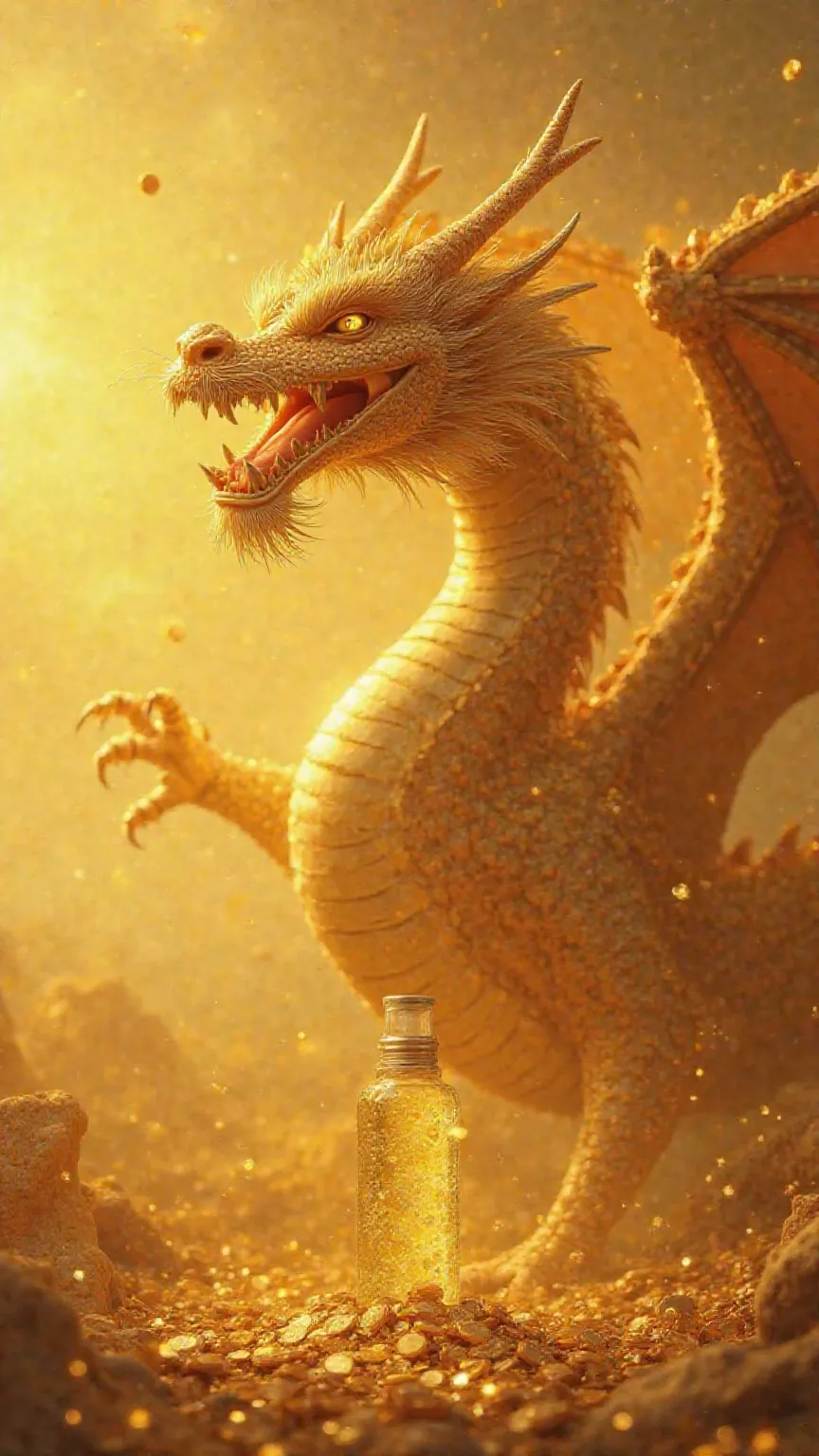 Huge golden dragon, water bottle surrounded by gold coins, sharp eyes, rising to the sky, golden sea in the background, divine atmosphere.