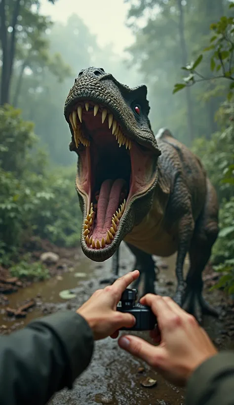 "An ultra-realistic point-of-view image (throw), capturing the first-person perspective of someone scared and a dinosaur opening its mouth nearly eating it. The character's hands and body parts are visible, creating the feeling of immersion, as if the spec...