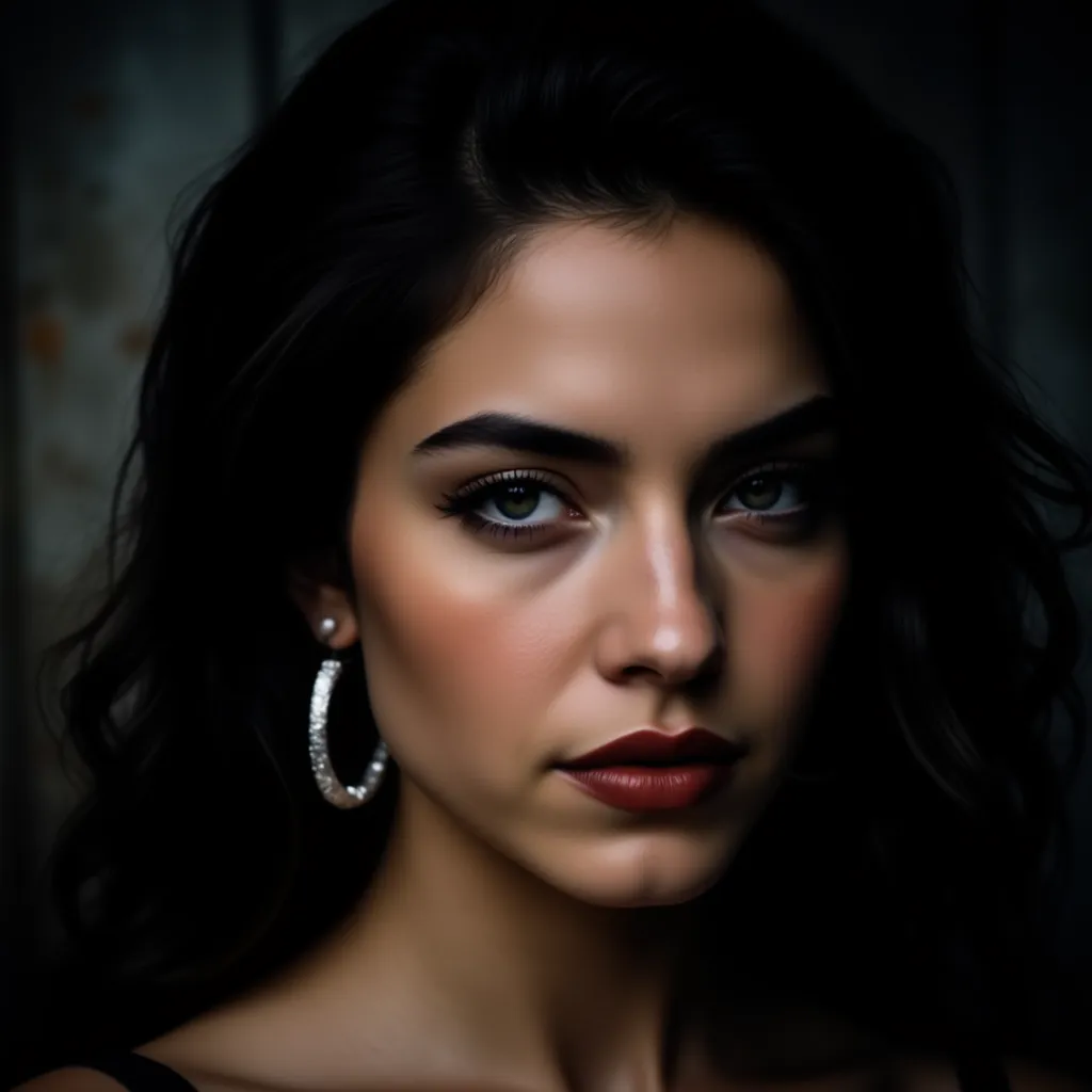 A close-up of a young woman with dark hair. she has a serious expression on her face and is looking directly at the camera. her hair is styled in loose waves that frame her face. she is wearing large hoop earrings and her makeup is subtle and natural-looki...