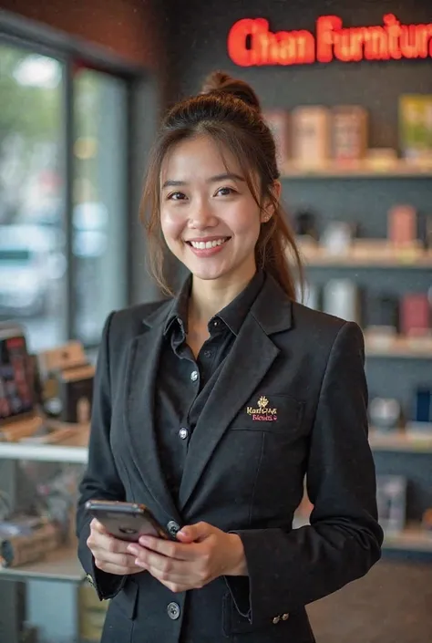 A realistic photograph cartoons of a woman in a uniform formal promote phone in a phone shop chan furniture (M)sdn bhd