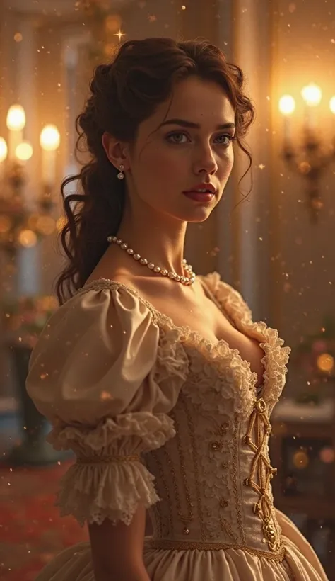 Victorian-Era Lady – A young woman in a lavish Victorian gown with intricate lace, a corset, and puffed sleeves. Her hair is styled in elegant ringlets, and she wears a pearl necklace. She stands in a grand, candle-lit ballroom with a soft, dreamy atmosphe...