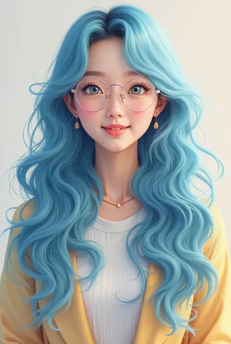 Sky blue long wavy hair, bright and smiling Korean, styled similarly to reality, wearing round glasses, draw front full body