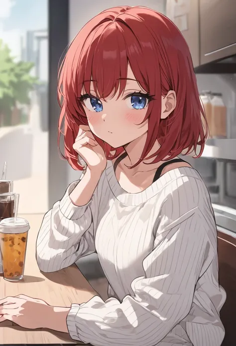 score_9, score_8_up, score_7_up, score_6_up, masterpiece, best quality, anime style, 1 woman, 29 years old, red hair, bob hair, girl wearing loose white sweater, small breast, hand on chin, sit, in cafe