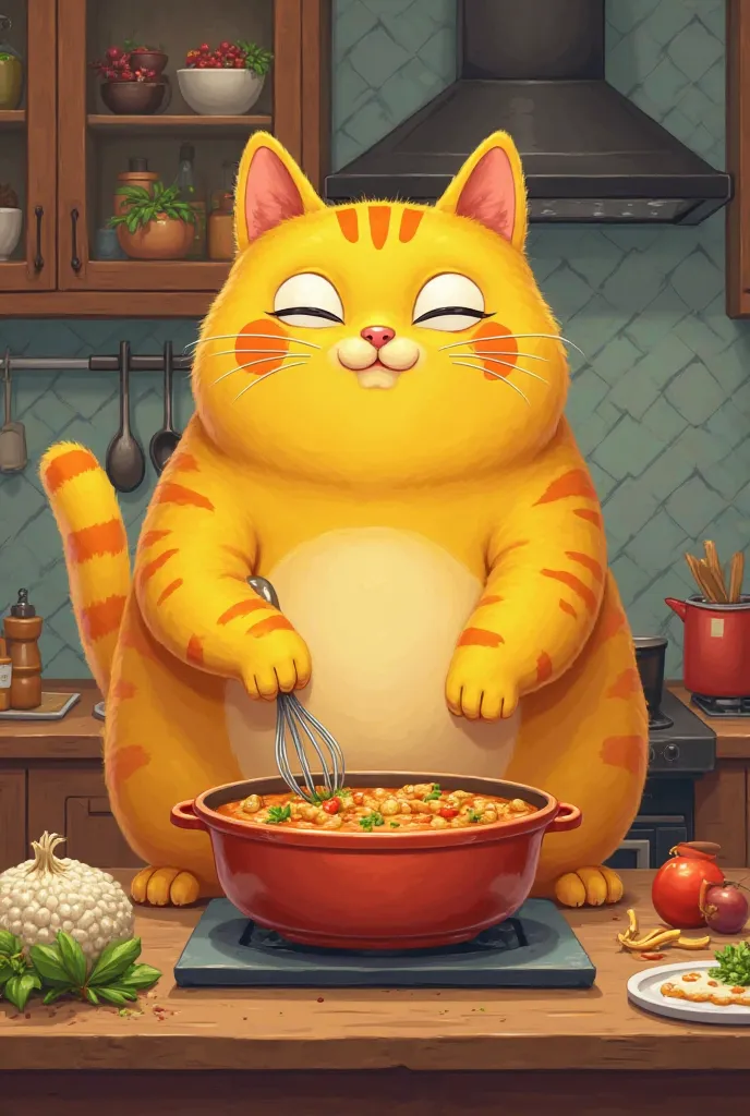 A big fat yellow cat is in the kitchen making curry with my hands