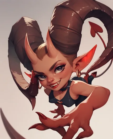 Female imp, brown fur on the whole body, red face, red hands, black eyes, long horns, red hooves, devil's tail