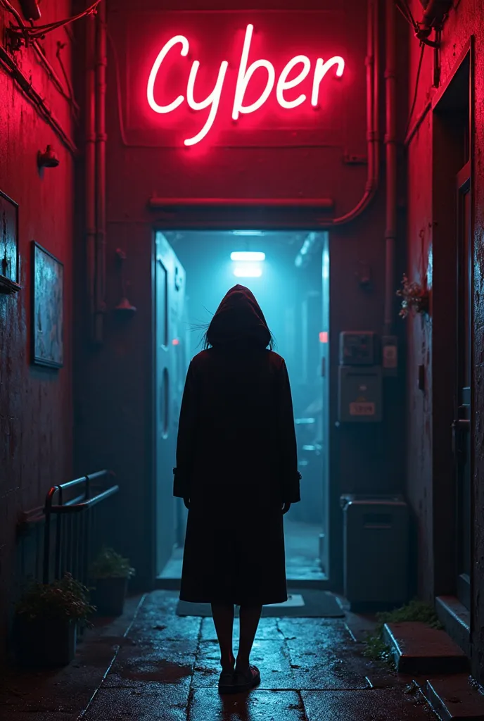 high quality,  8K Ultra HD, The neon city of the future, streets are immersed in darkness, it&#39;s raining.   black girl in a long coat and hood,. She approaches the entrance to a clandestine cyber lab. Above it is a dull neon red lettering in a futuristi...