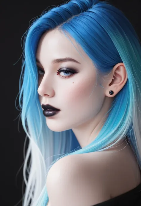 photorealistic, realistic, cosplay, 1girl, solo, longhair, side profile, flame blue colour hair, long hair, hair over one eye, fingernails, eyelashes, full lips, mole under eye, Pale white skin, makeup, half-open eyes, portrait, lipstick, close up, nose, s...