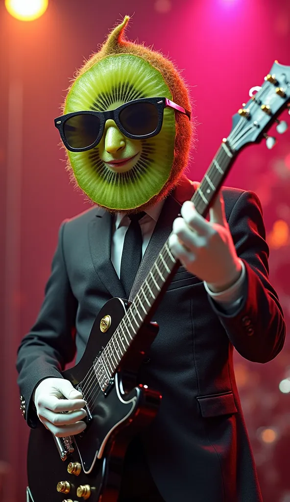 A fruit kiwi, wearing a black suit, sunglasses, and white gloves, playing an electric guitar with a rock 'n' roll style