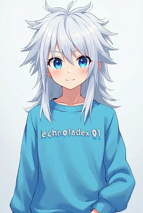 A guy dressed in a sky blue sweater written on Technobladex01 with sky blue eyes and white hair in Naruto-style anime 