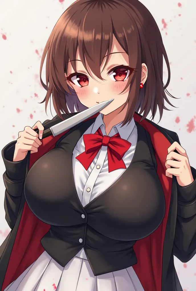 21-year-old cute anime girl with short, slightly wavy brown hair. Her bangs partially cover her forehead. Her skin color is light. Her eyes are large and striking, of an intense red color. She has a slim build, great curves, like her huge breasts. She usua...