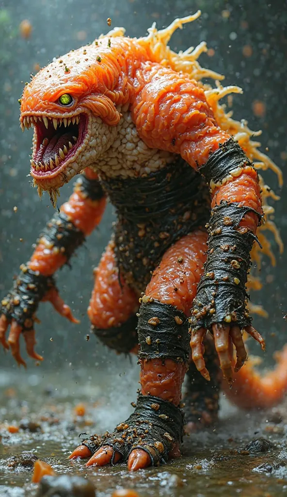 "A nightmarish humanoid sushi monster lumbers forward, its body a grotesque fusion of raw fish, seaweed, and sticky rice. Its skin is a patchwork of glistening, slimy salmon and tuna, stretched tightly over a shifting mass of writhing rice grains that puls...