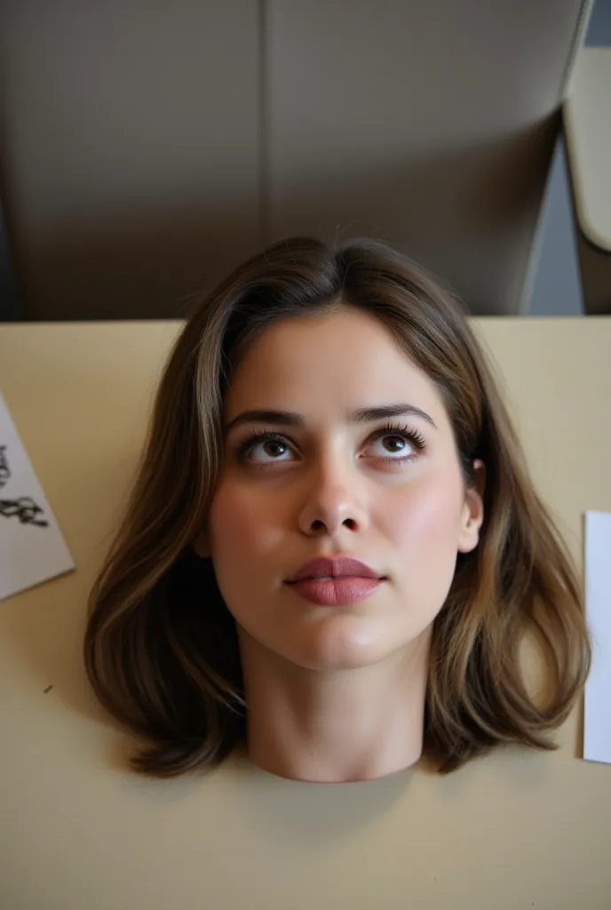 Photo of pretty 20 year old woman's disembodied head sitting on a desk. View from above, she is looking up. Medium lenth hair. Smug facial expression. Gorgeous face. She has an expressive smug face. Disembodied head sitting on desk. Natural lighting. Offic...