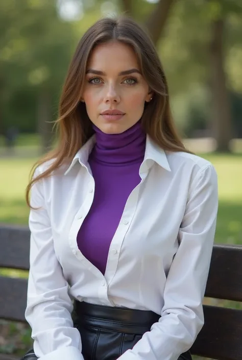  a beautiful woman, with an exceptionally long collar, he wears a tight turtleneck in purple lycra,  that adapts perfectly to the shape of her neck ,  highlighting its length and further stylizing her figure .  The garment gently embraces her neck with its...