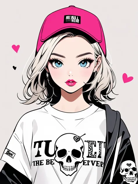 Ultra-realistic Banksy style, Simple line acronym abstract art, stylish design,  the best beautiful girl ever, Female university student , skull fashion, Lips in love