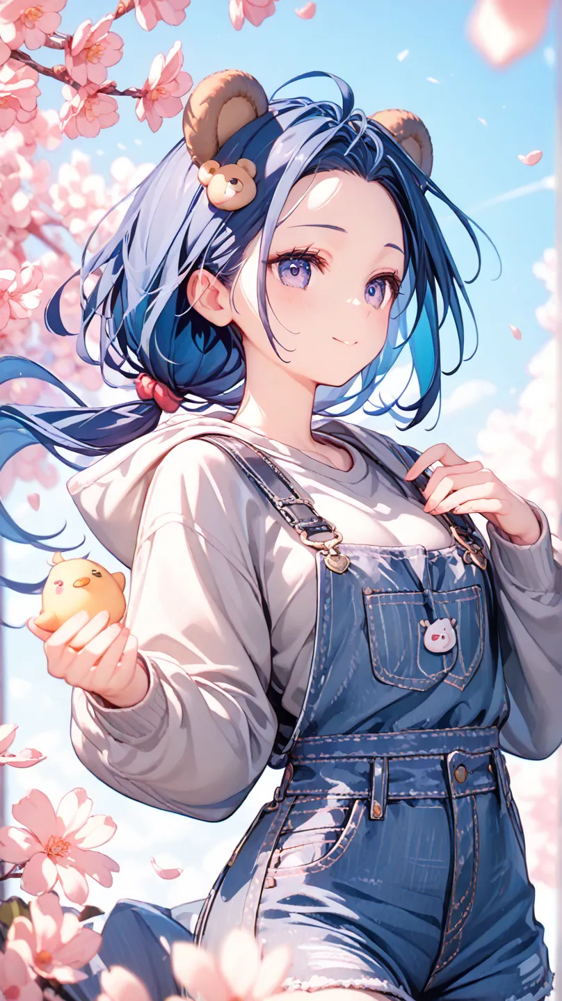 (Mio Sato:1), highest quality, blue hair, heart, high resolution, source anime, ultra-detailed, cherry blossoms, full body, bear ears, chick accessories, one girl, long hair, teddy bear, low ponytail, medium bust, beautifully detailed eyes, gray hoodie, de...