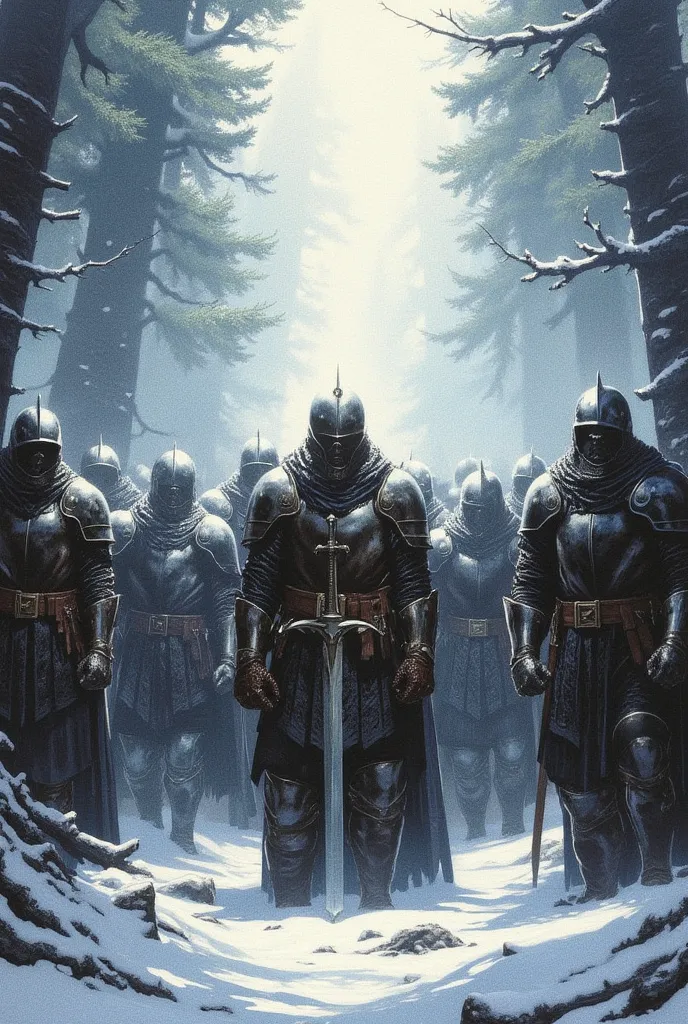 Score_9_up, score_8_up, score_7_up, score_6_up, a group of warrior, armored, one in the centre hold a sword, in a snowy landscape, fir trees