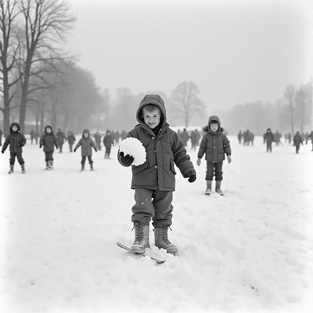 Gray and white tones. Old British photo style from the 1980s. Thick snow in an open area of the countryside, a group of 20 or so ren would be skiing and having snowball fights in the snow, each having a different way of playing, very happy and joyful. A cu...